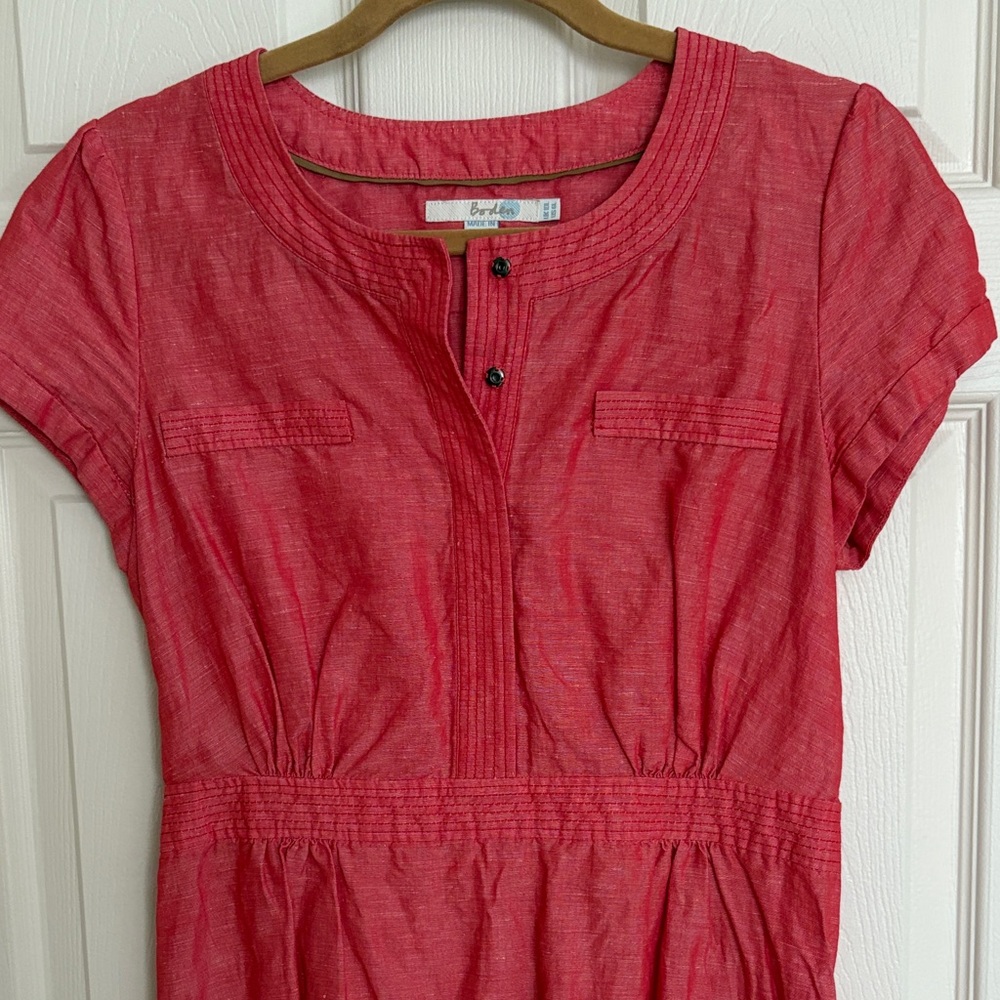 Boden Soft Red Short Sleeve Midi Dress Pintuck Cotton Linen 6L Long